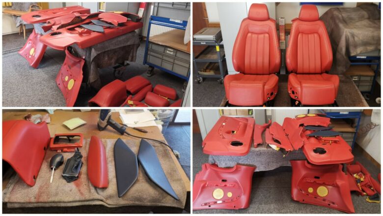 ein rot/blaues Maserati Leder Interieur soll umgefärbt werden